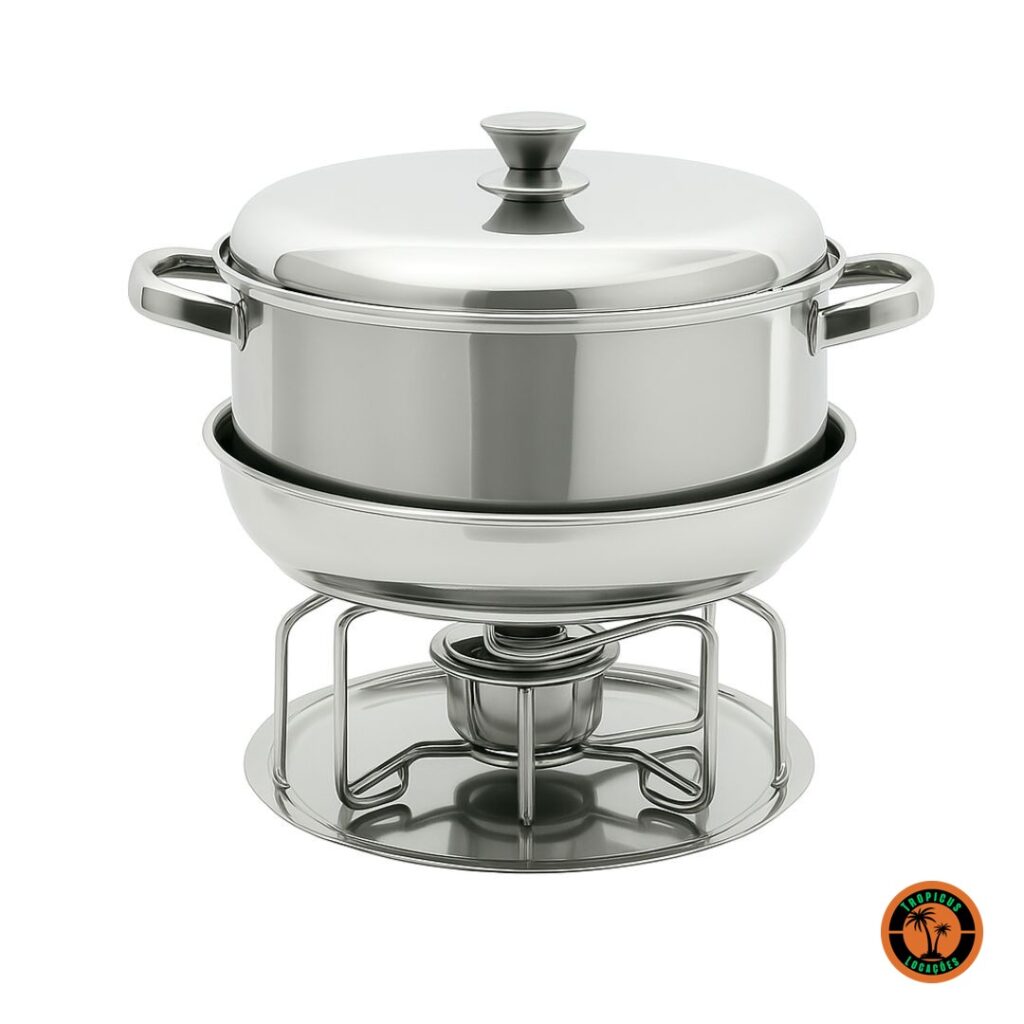 Rechaud redondo de inox de 8 litros, com panela de duas alças, tampa, cuba de banho-maria, suporte e fogareiro