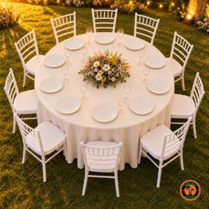 Mesa redonda para 10 lugares no jardim com o tampão de 1,60 m, toalha branca e cadeiras Tiffany brancas