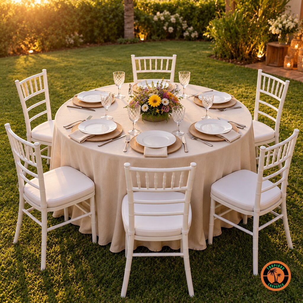 Mesa redonda para 6 lugares no jardim com o tampão de 1,20 m, toalha bege e cadeiras Tiffany brancas