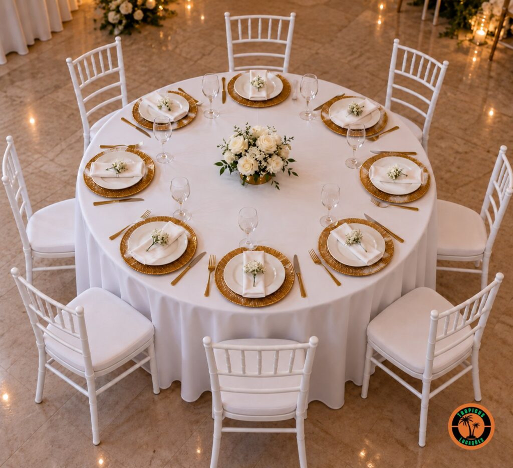 Mesa redonda de casamento para 8 lugares com o tampão de 1,40 m, toalha branca, sousplats dourados e cadeiras Tiffany brancas
