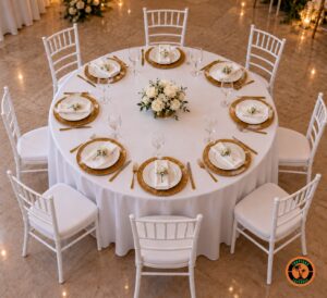 Mesa redonda de casamento para 8 lugares com o tampão de 1,40 m, toalha branca, sousplats dourados e cadeiras Tiffany brancas