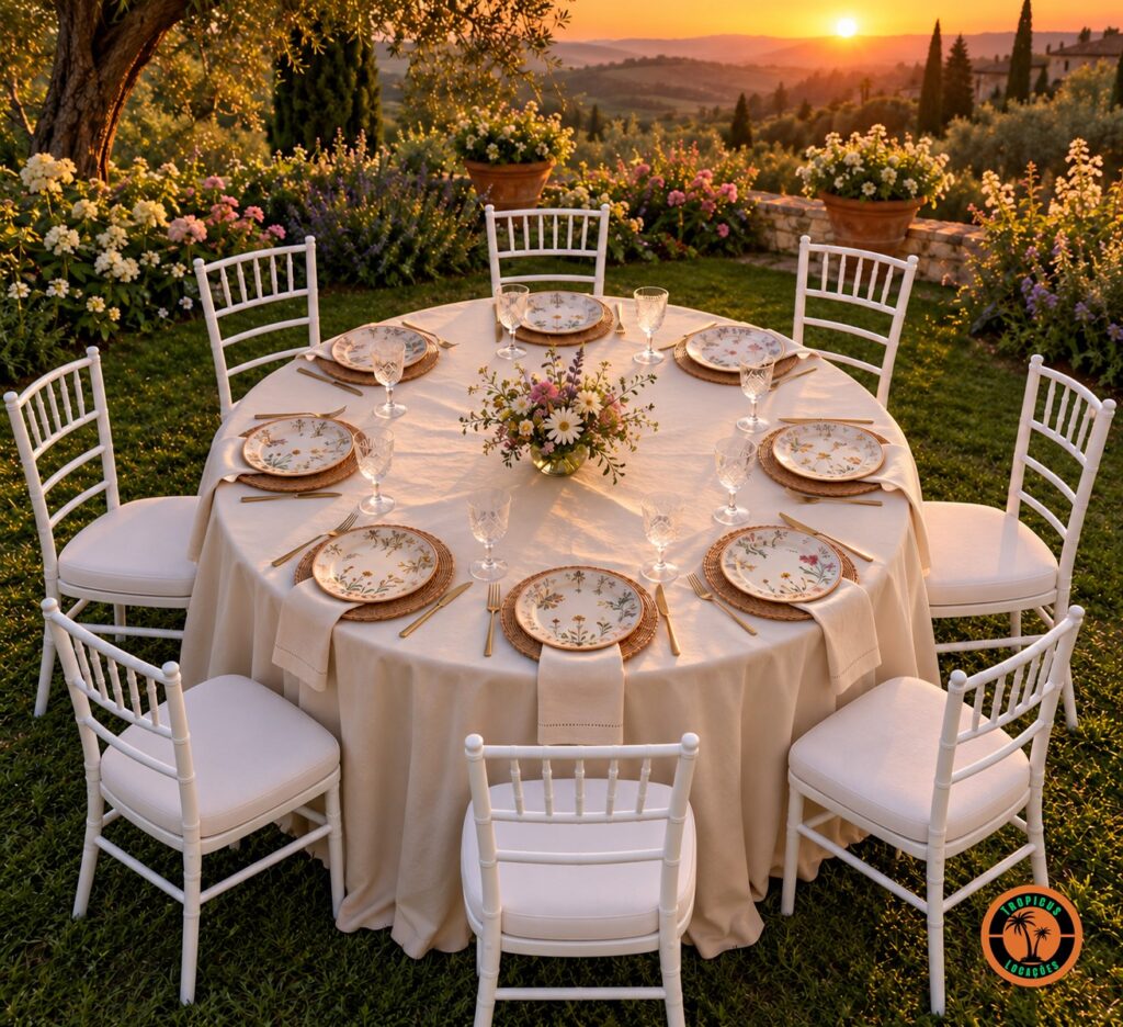 Mesa redonda para 8 lugares no jardim ao pôr do sol com o tampão de 1,40 m, toalha bege e cadeiras Tiffany brancas
