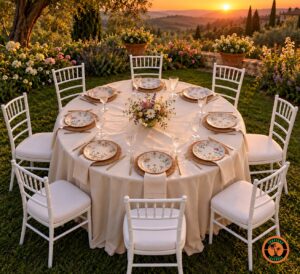 Mesa redonda para 8 lugares no jardim ao pôr do sol com o tampão de 1,40 m, toalha bege e cadeiras Tiffany brancas