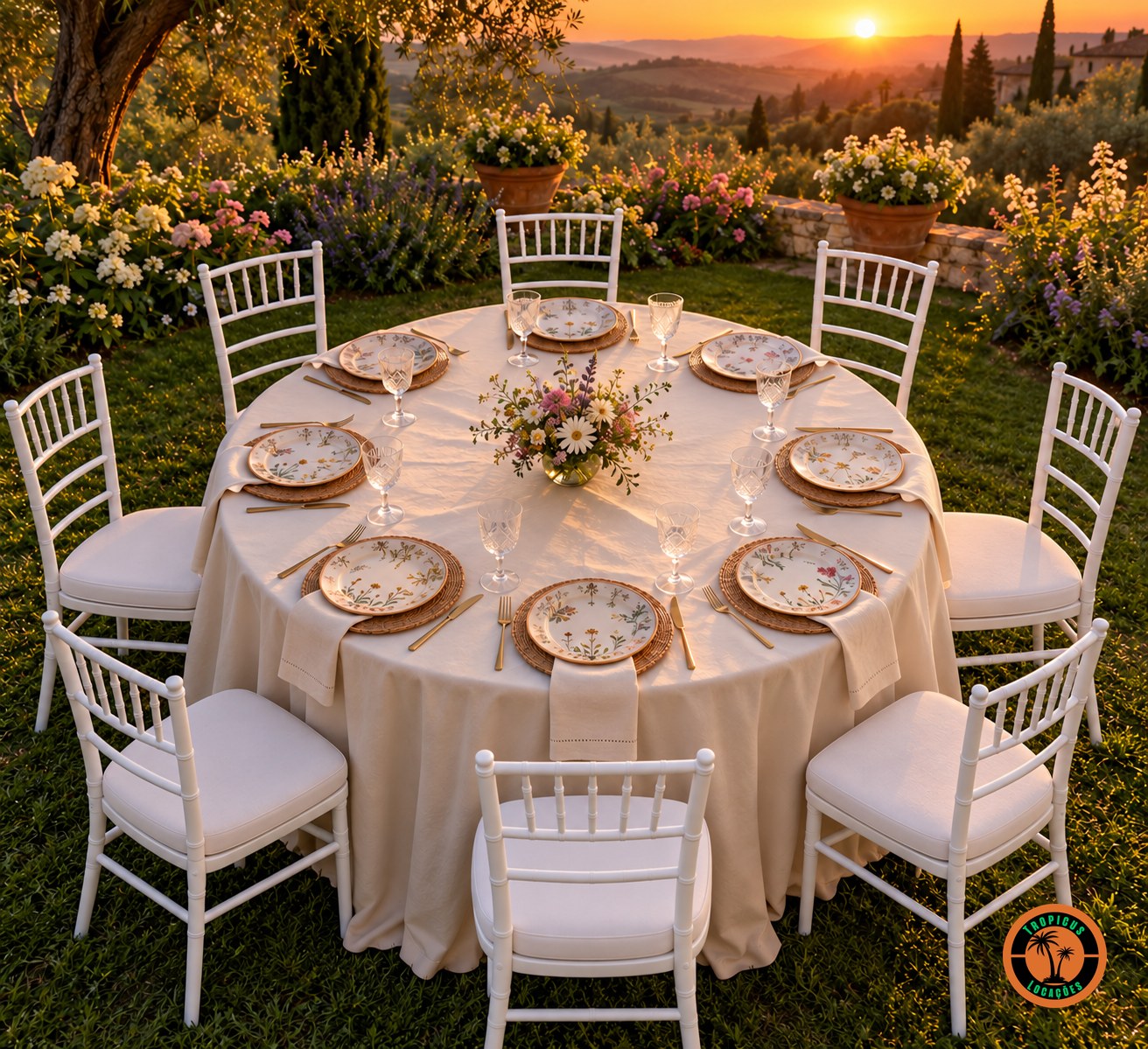 Mesa redonda para 8 lugares no jardim ao pôr do sol com o tampão de 1,40 m, toalha bege e cadeiras Tiffany brancas