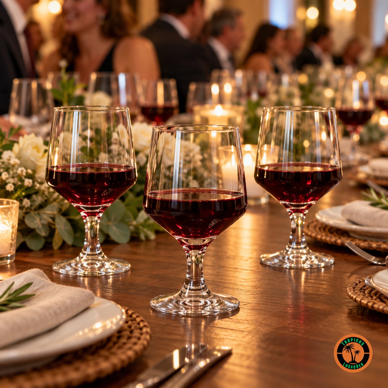 Jantar numa mesa comprida de madeira com taças Vinho Tinto Bistrô servidas com vinho tinto