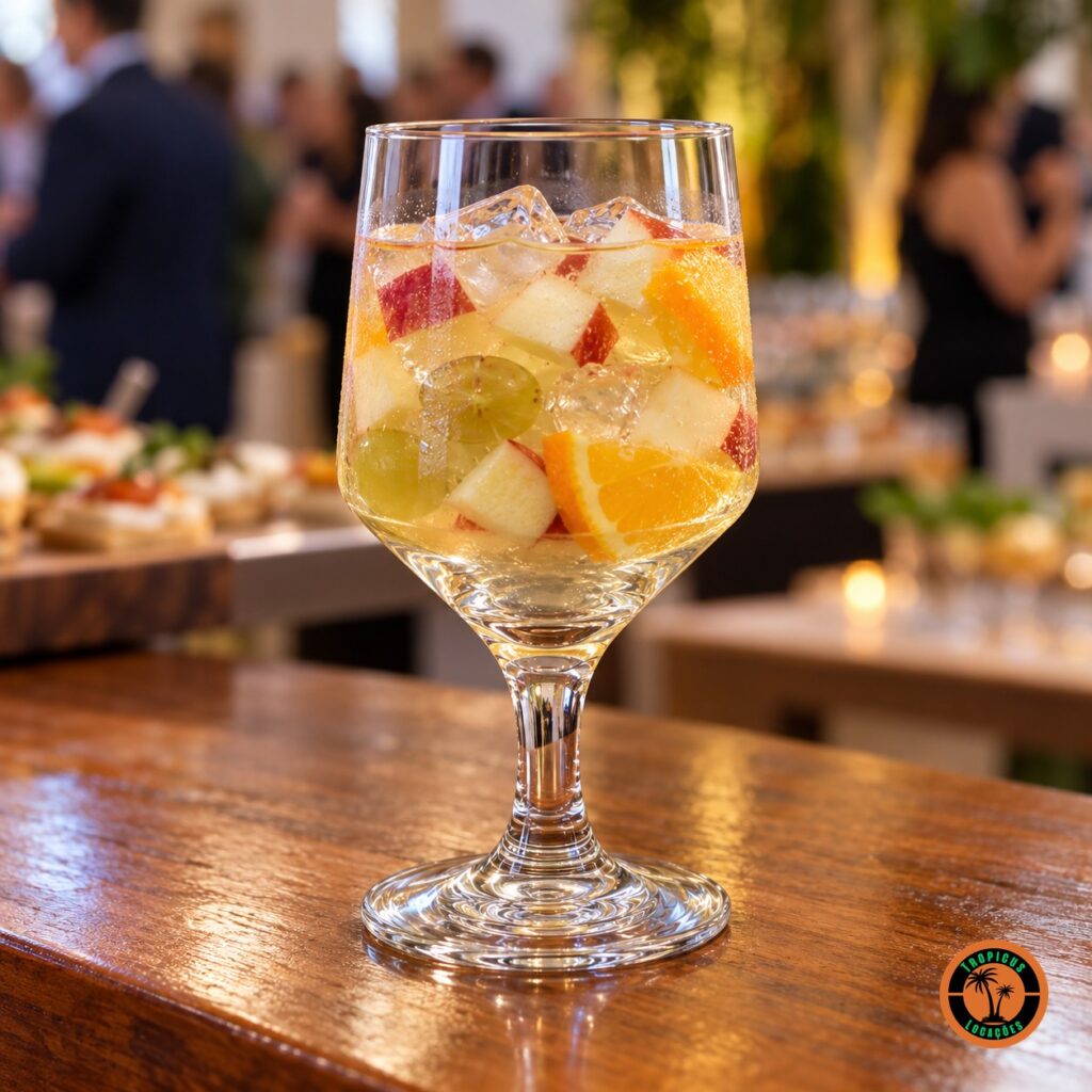 Taça Vinho Tinto Bistrô com clericot, frutas picadas e gelo num balcão de madeira