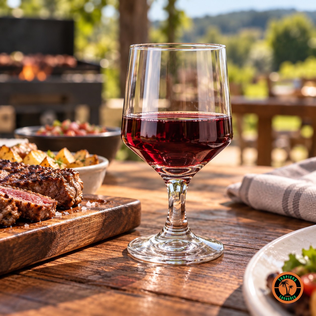 Taça Vinho Tinto Bistrô com vinho tinto numa mesa de churrasco ao ar livre