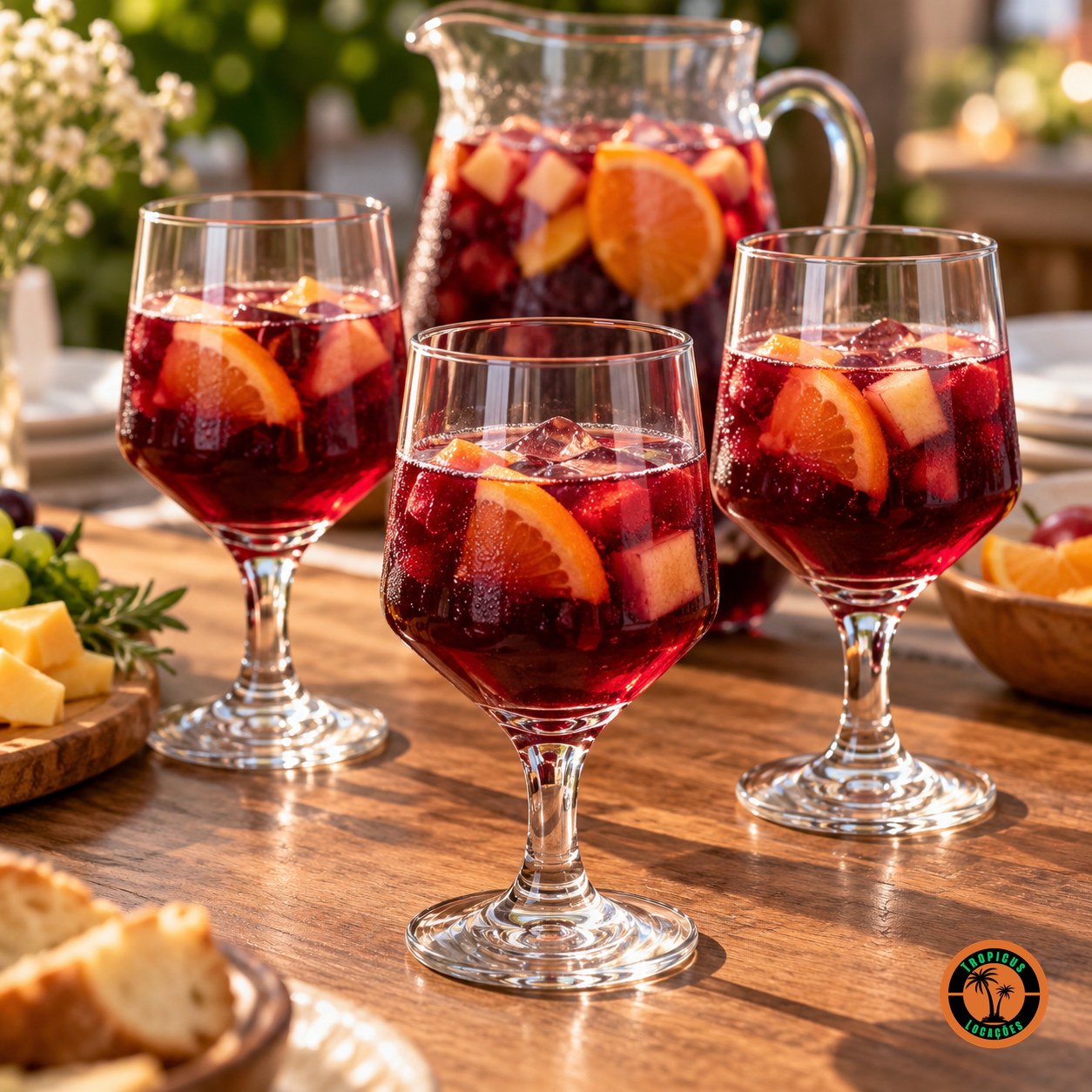 Três taças Vinho Tinto Bistrô servidas com sangria e laranja, ao lado da jarra