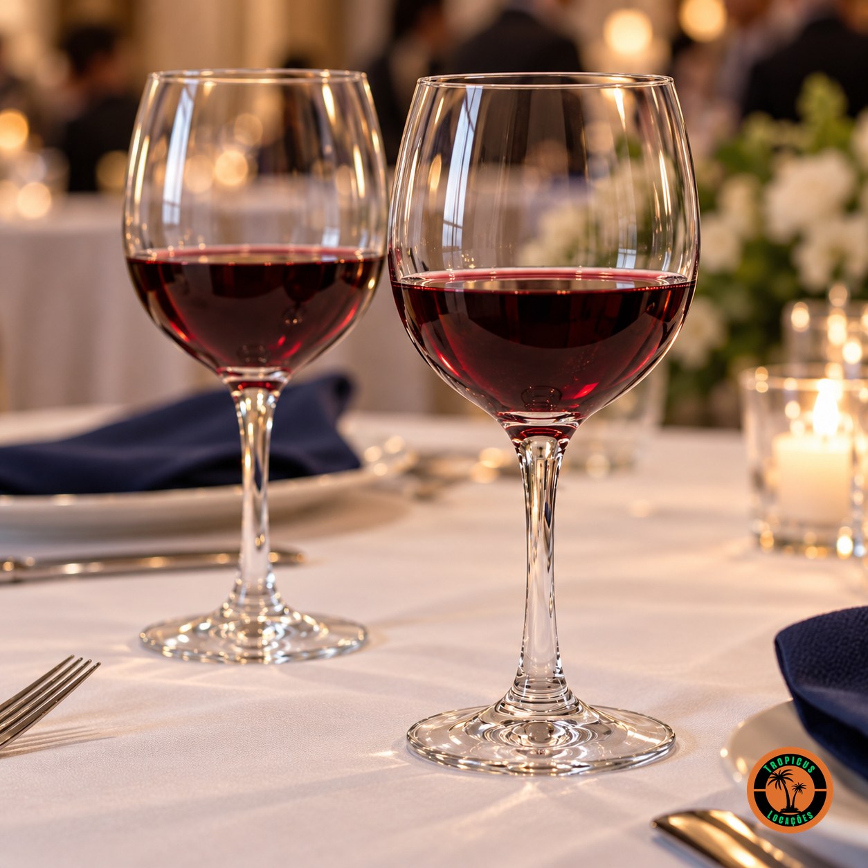 Jantar corporativo com taças Água Premiére servidas com vinho tinto e guardanapo azul-marinho