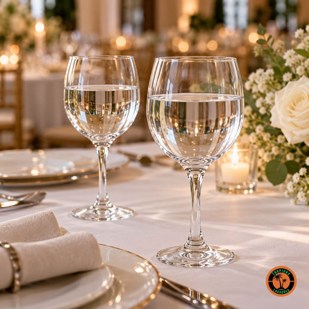 Mesa de casamento com taças Água Premiére servidas com água e flores brancas