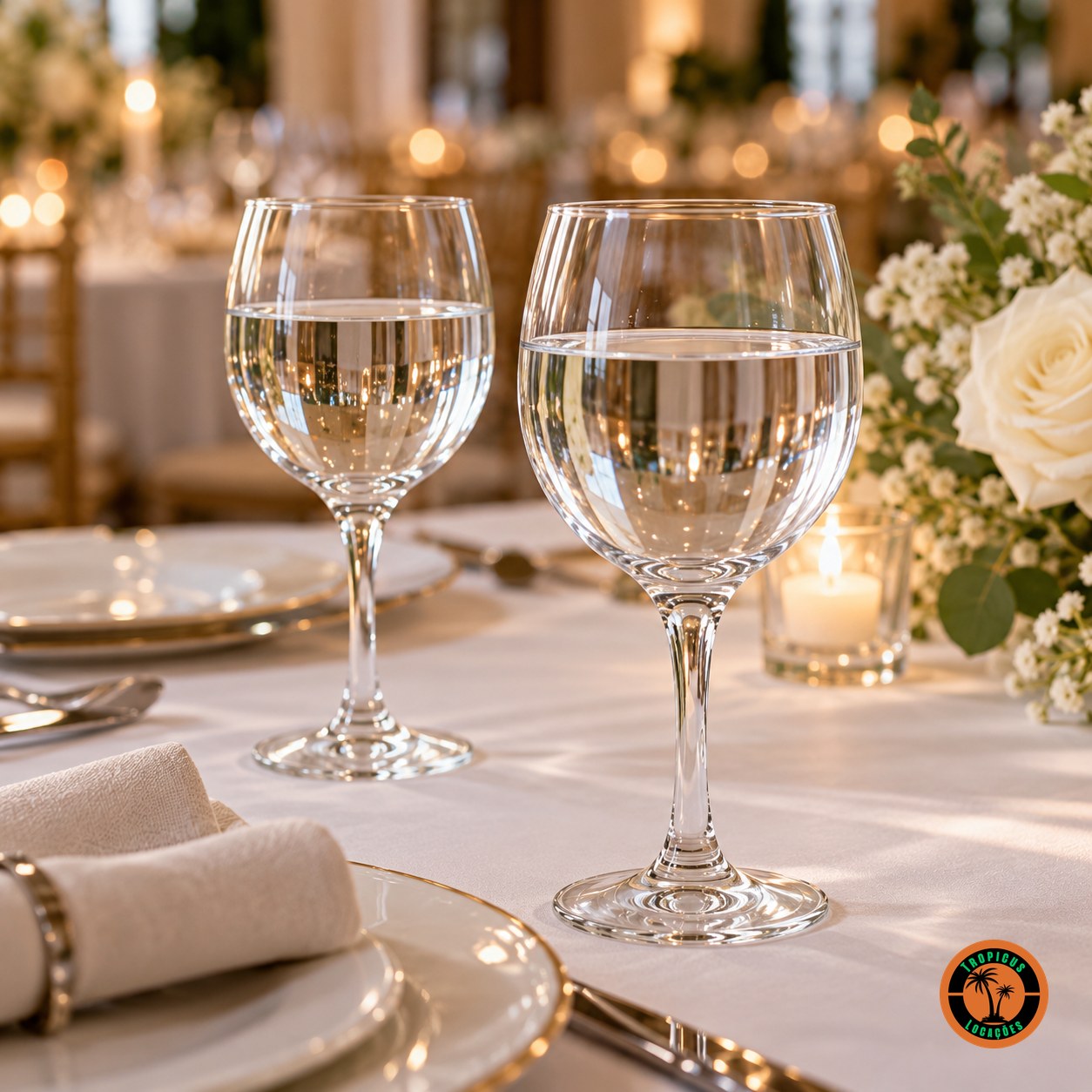 Mesa de casamento com taças Água Premiére servidas com água e flores brancas