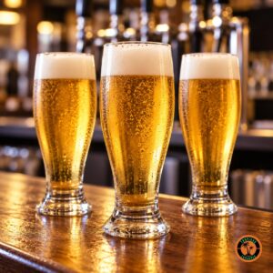 Copos Tulipa servidos com chopp e colarinho num balcão de bar