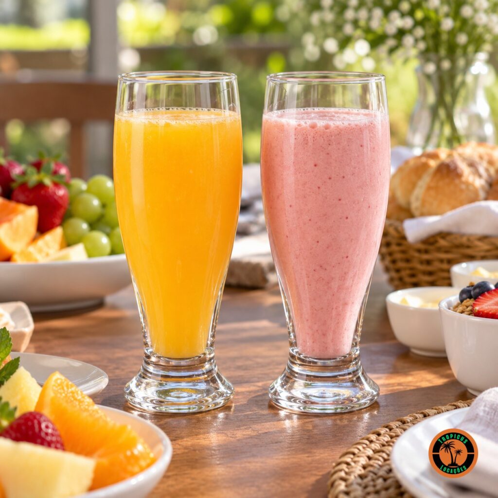 Copos Tulipa com suco de laranja e vitamina de morango numa mesa de brunch