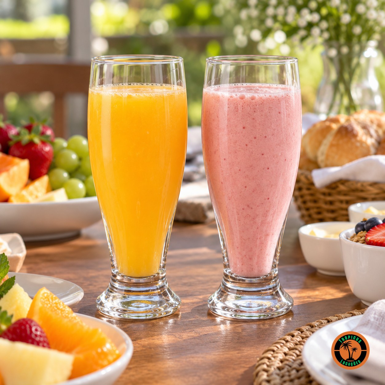 Copos Tulipa com suco de laranja e vitamina de morango numa mesa de brunch