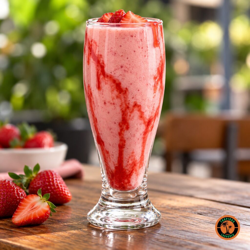 Copo Tulipa com smoothie de morango e calda escorrendo pelo vidro