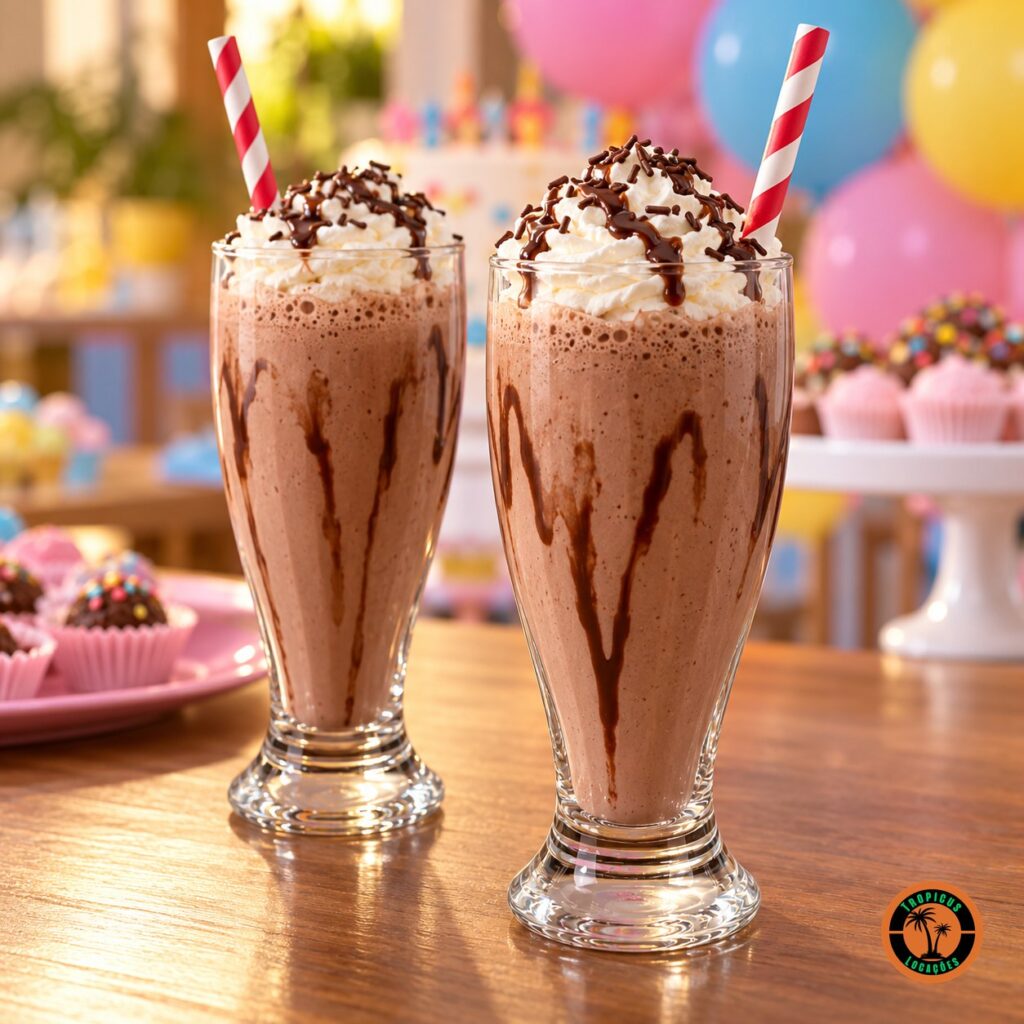 Copos Tulipa com milkshake de chocolate, chantilly e canudo numa festa infantil