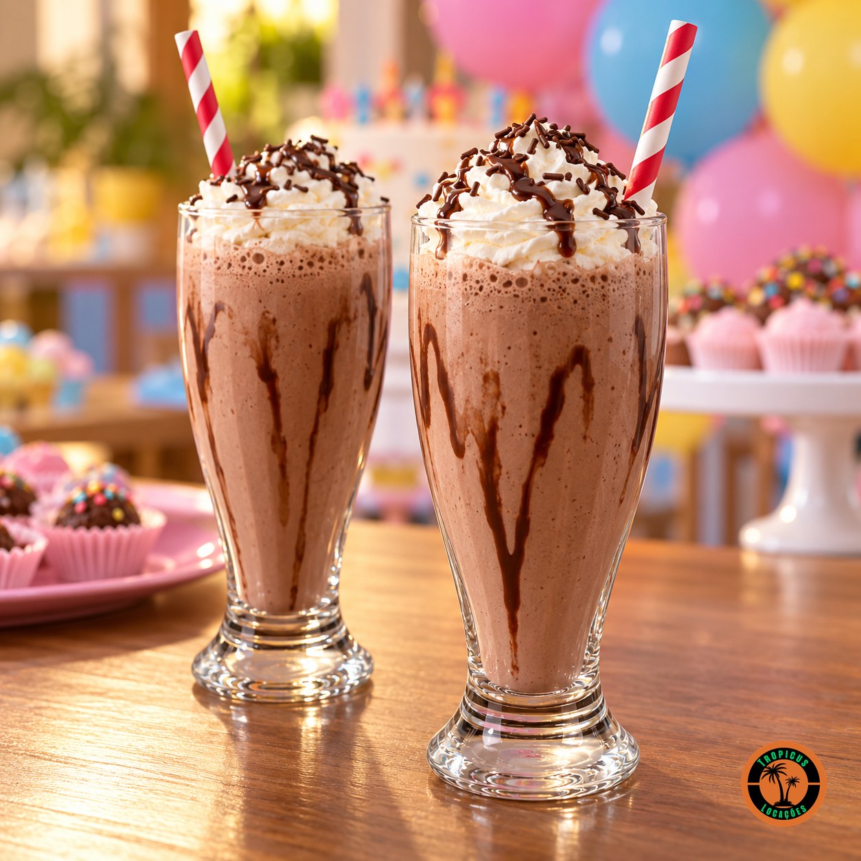 Copos Tulipa com milkshake de chocolate, chantilly e canudo numa festa infantil