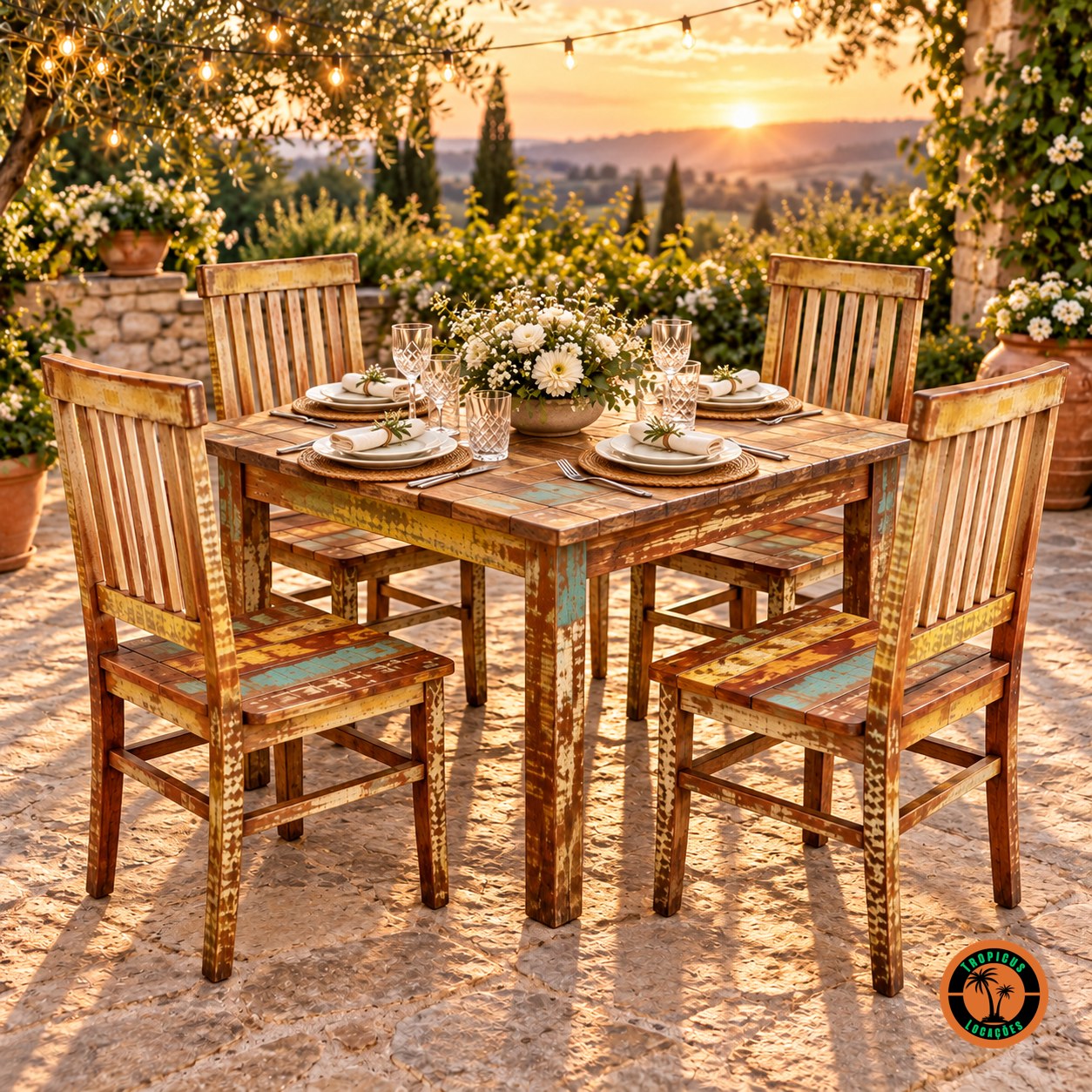 Quatro cadeiras rústicas coloridas em volta de uma mesa rústica posta para jantar, num jardim ao pôr do sol