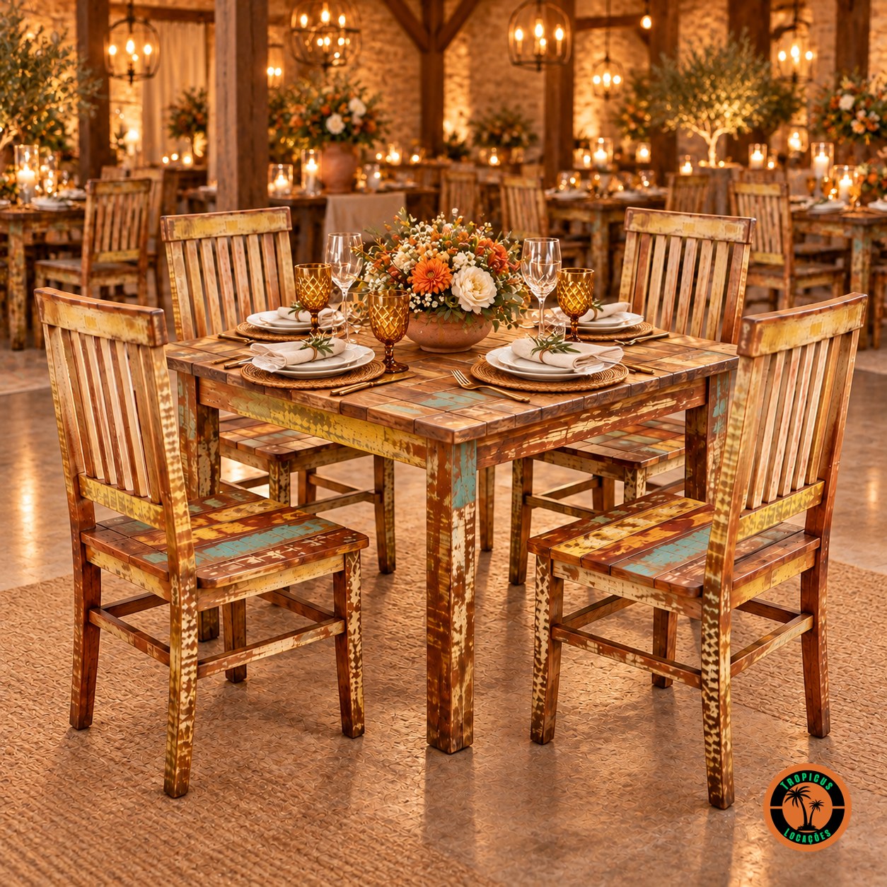 Quatro cadeiras rústicas coloridas em volta de uma mesa rústica num salão de festa rústico, com flores laranja e velas