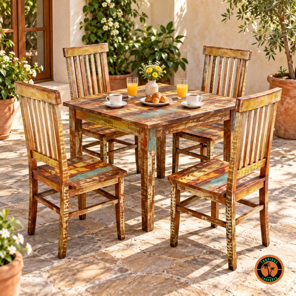 Quatro cadeiras rústicas coloridas em volta de uma mesa rústica numa varanda ensolarada, com café, suco e croissants