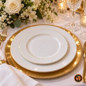 Mesa de casamento com o Prato de Sobremesa Filete Dourado sobre o Prato Raso Filete Dourado e sousplat dourado