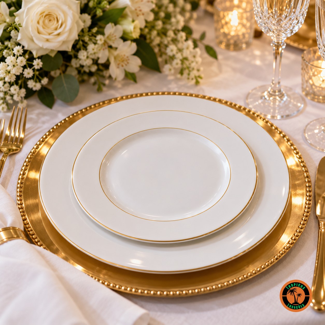 Mesa de casamento com o Prato de Sobremesa Filete Dourado sobre o Prato Raso Filete Dourado e sousplat dourado