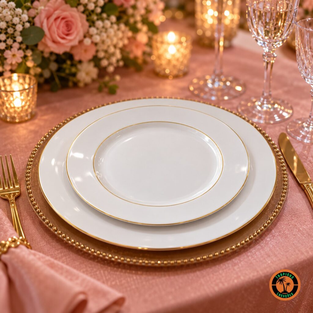 Mesa de festa de 15 anos com os pratos Filete Dourado, toalha rosé e sousplat dourado