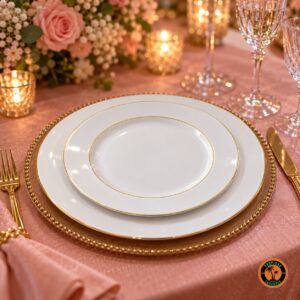 Mesa de festa de 15 anos com os pratos Filete Dourado, toalha rosé e sousplat dourado