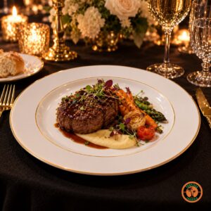 Prato Raso Filete Dourado servido com filé e legumes num jantar de gala com toalha preta