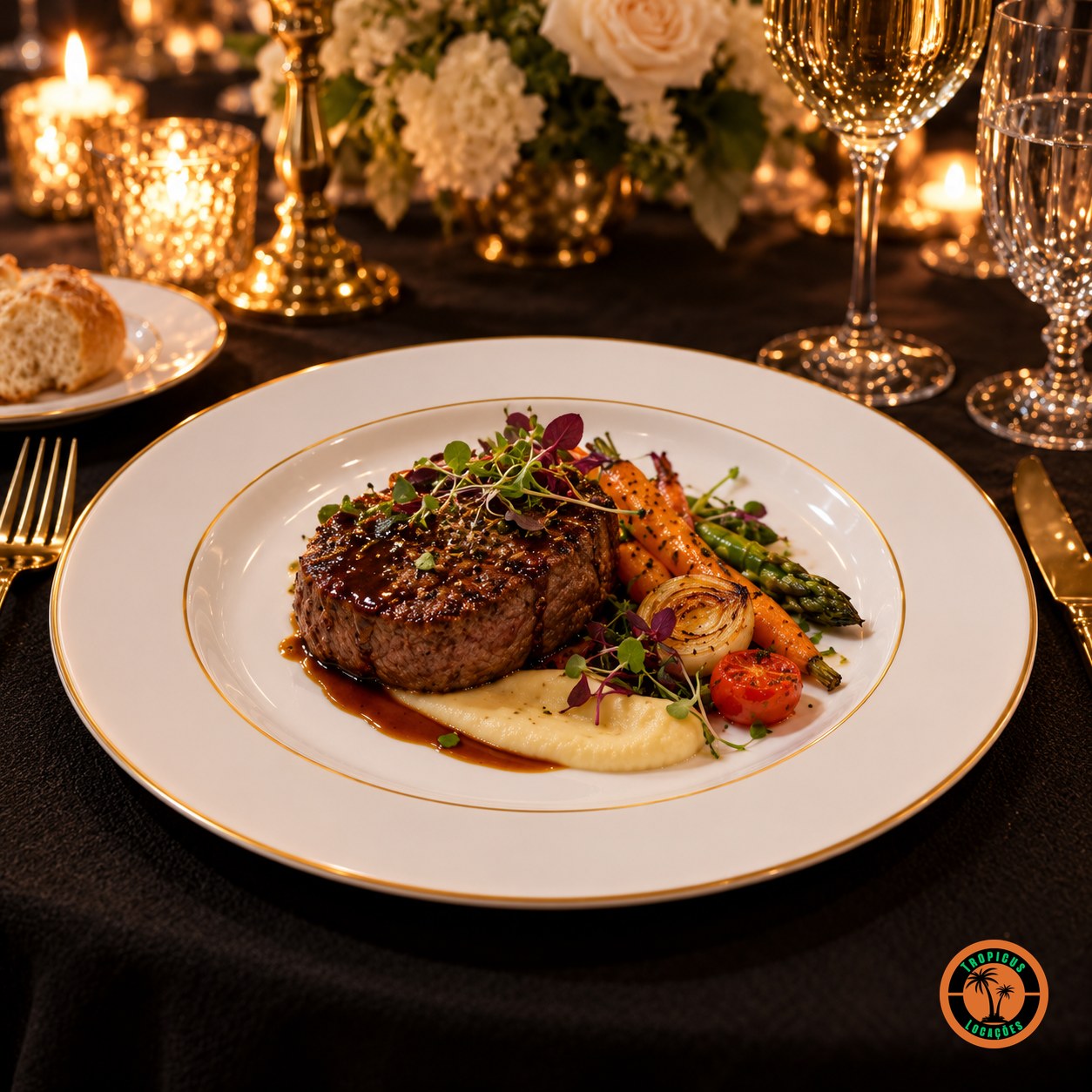 Prato Raso Filete Dourado servido com filé e legumes num jantar de gala com toalha preta