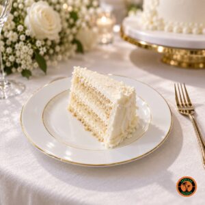 Fatia de bolo de casamento no Prato de Sobremesa Filete Dourado