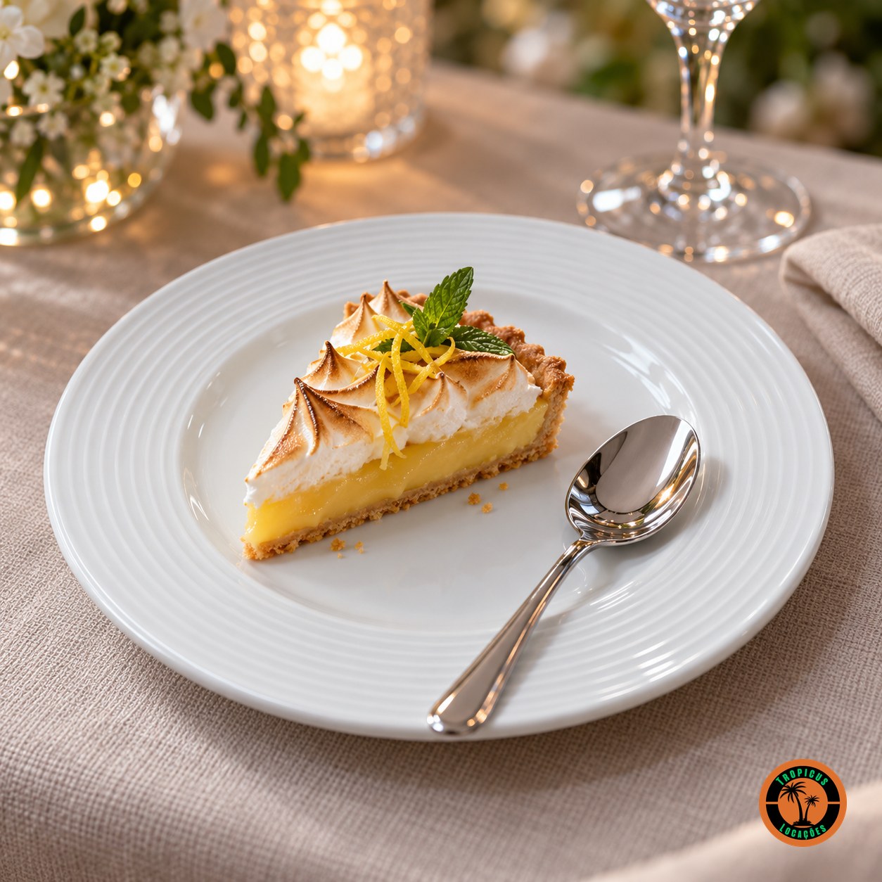 Fatia de torta de limão no Prato de Sobremesa Espiral, com colher de sobremesa