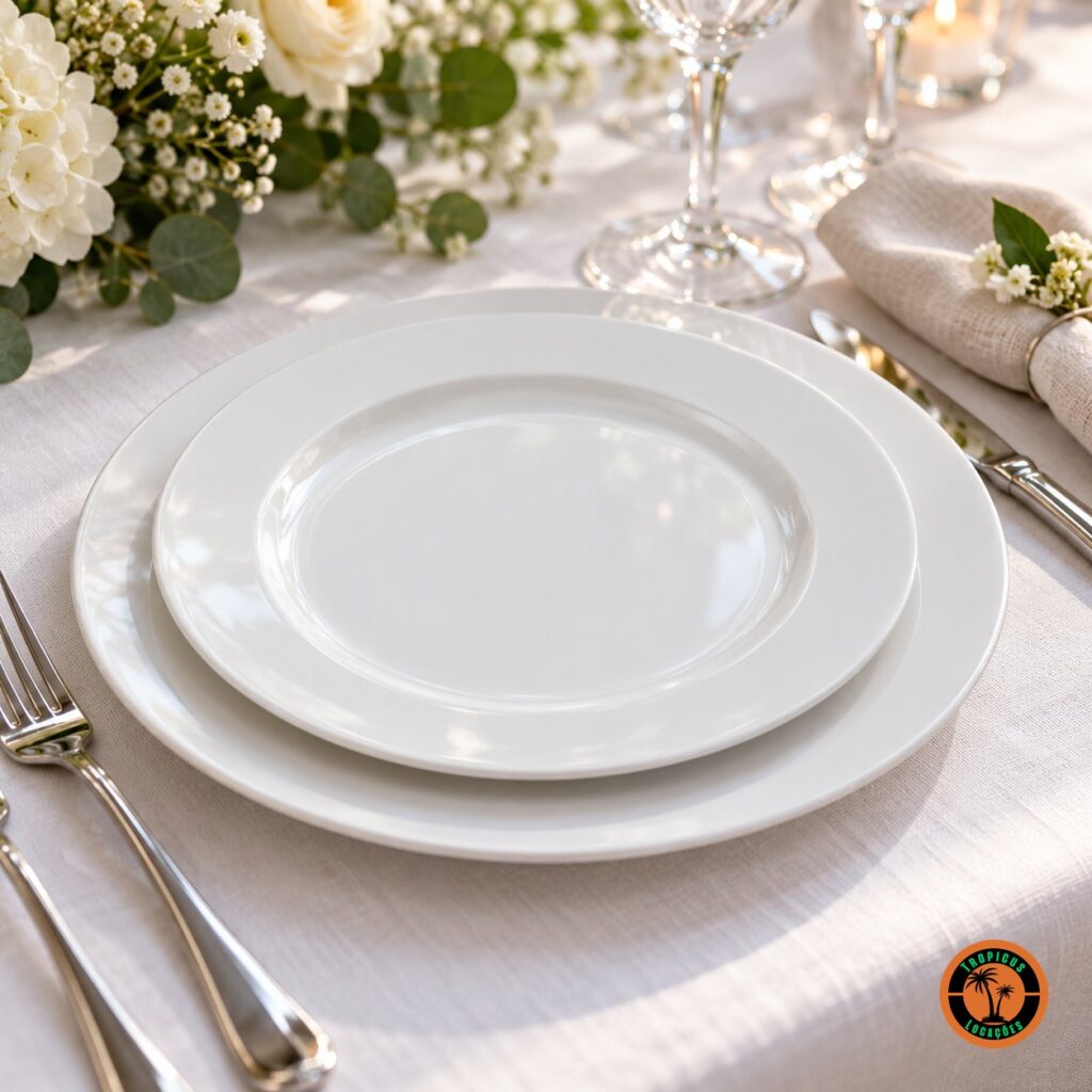 Mesa de casamento com o Prato de Sobremesa Liso sobre o Prato Raso Liso, guardanapo de linho e flores brancas