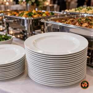 Pilhas de pratos rasos e de sobremesa lisos ao lado dos réchauds num buffet