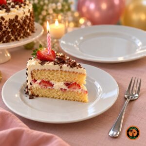 Fatia de bolo de morango no Prato de Sobremesa Liso numa festa de aniversário