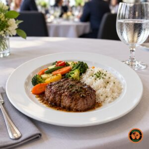 Prato Raso Liso servido com carne, arroz e legumes num almoço corporativo