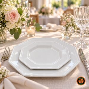 Mesa de batizado com os pratos oitavados, flores delicadas e luz natural