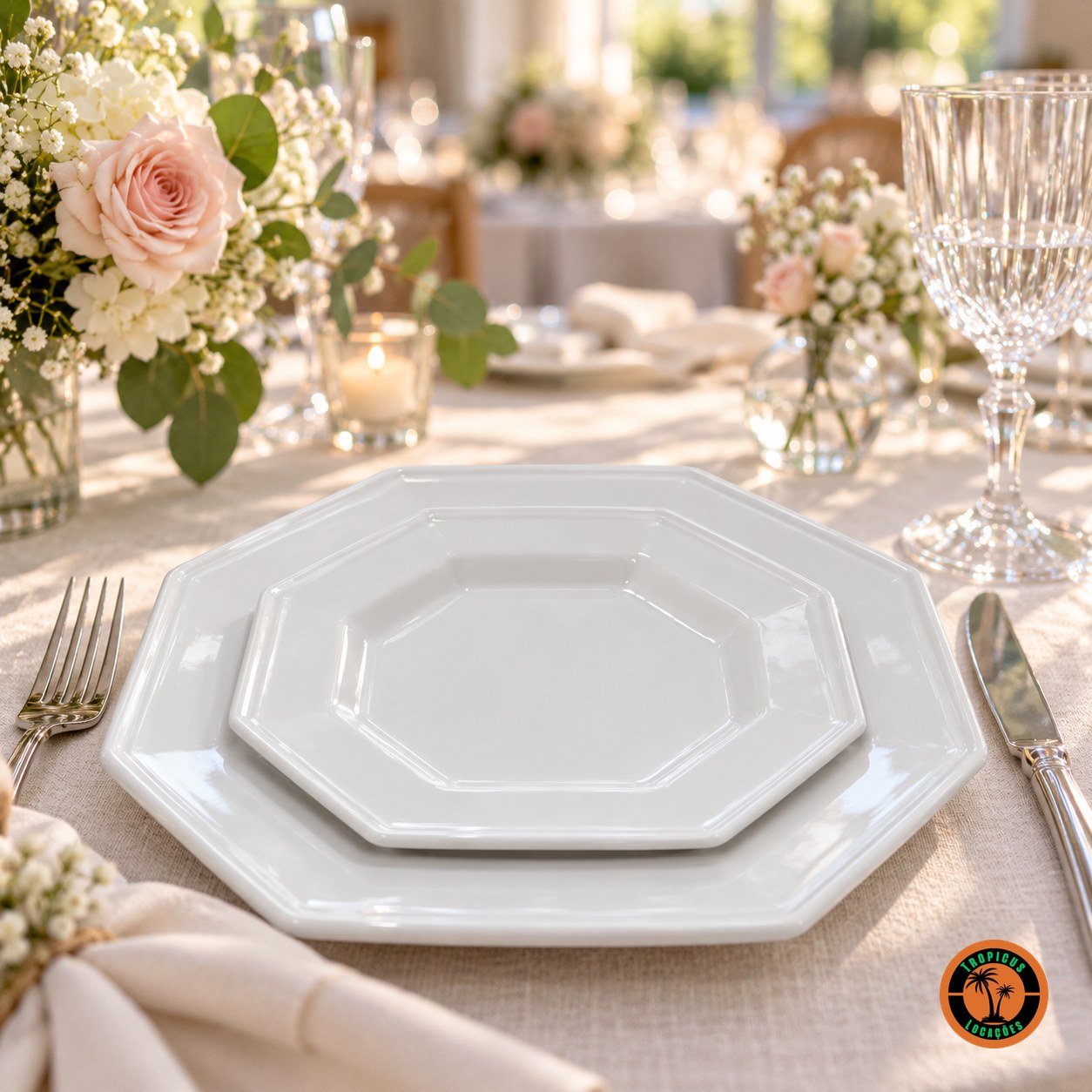 Mesa de batizado com os pratos oitavados, flores delicadas e luz natural