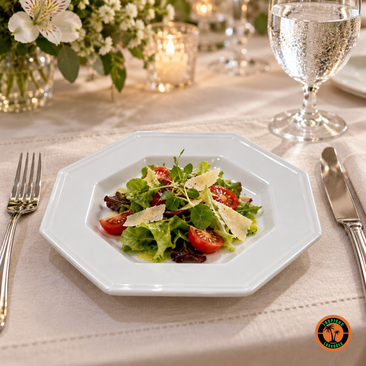 Salada com lascas de parmesão servida no Prato de Sobremesa Oitavado