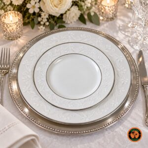 Mesa de bodas de prata com o Prato de Sobremesa Filete Prata sobre o Prato Raso Filete Prata e sousplat prateado