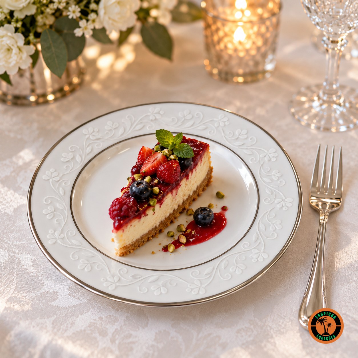 Fatia de cheesecake de frutas vermelhas no Prato de Sobremesa Filete Prata