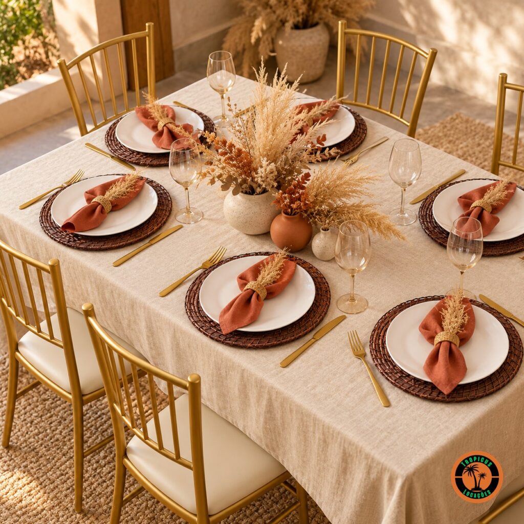 Mesa boho com sousplats de rattan escuro, guardanapos terracota e cadeiras Tiffany douradas