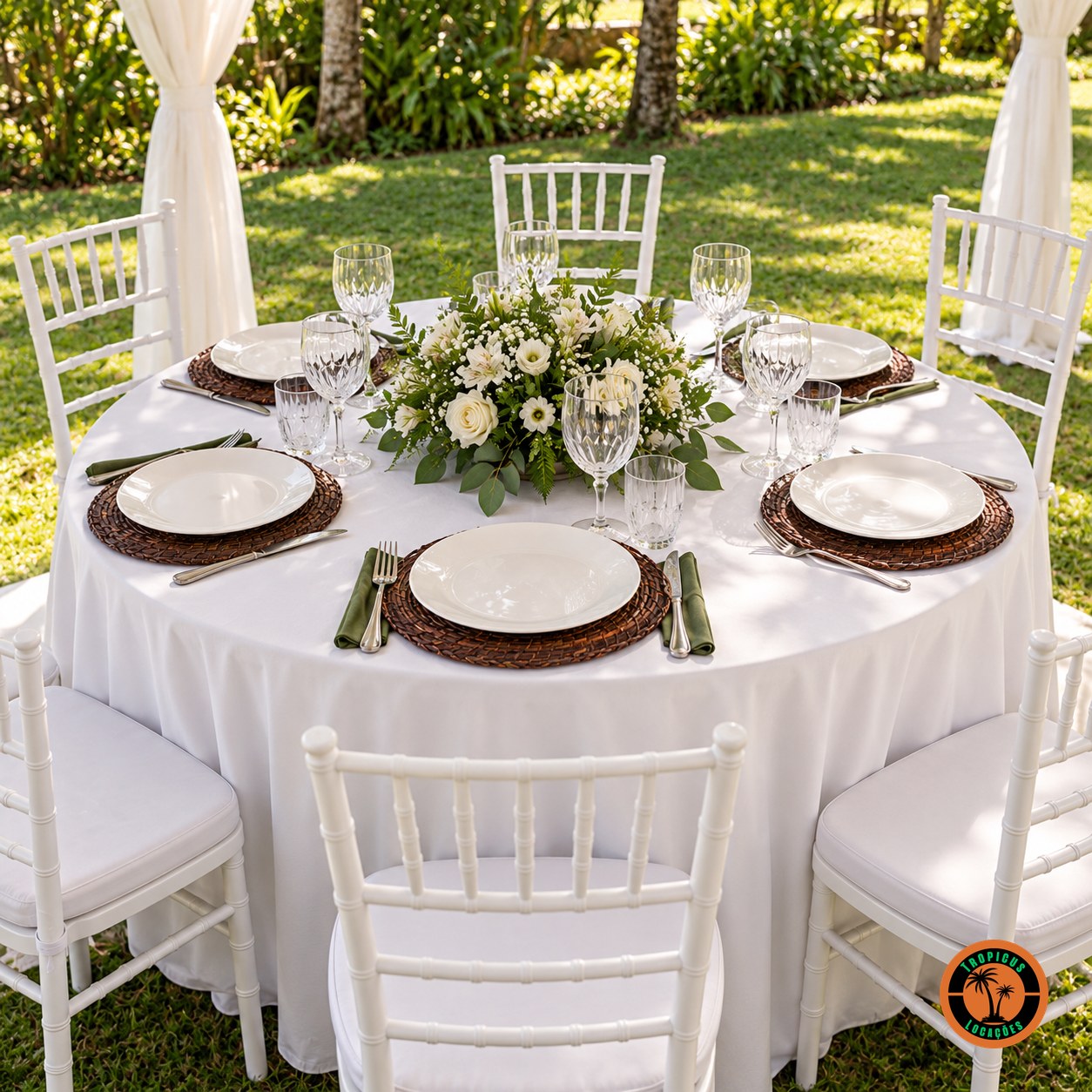 Mesa redonda de casamento com sousplats de rattan escuro e cadeiras Tiffany brancas