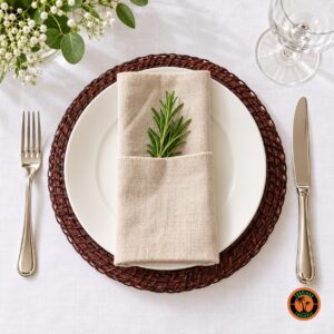 Sousplat de rattan escuro sob prato branco com guardanapo de linho e alecrim
