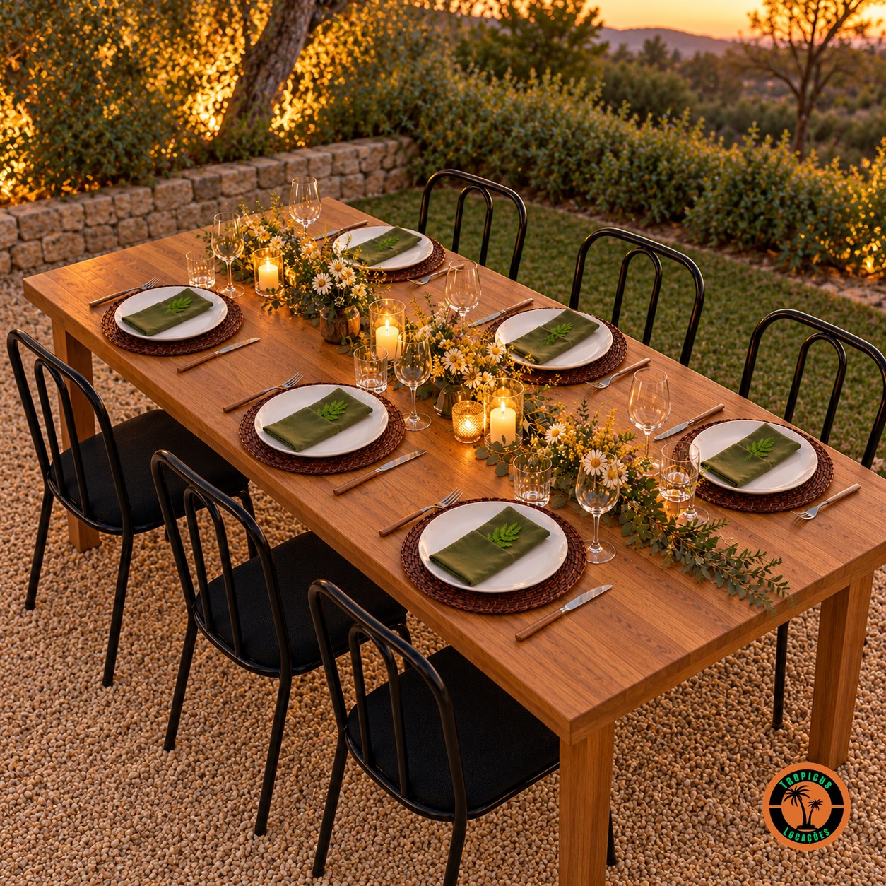 Mesa rústica ao ar livre com sousplats de rattan escuro e flores do campo