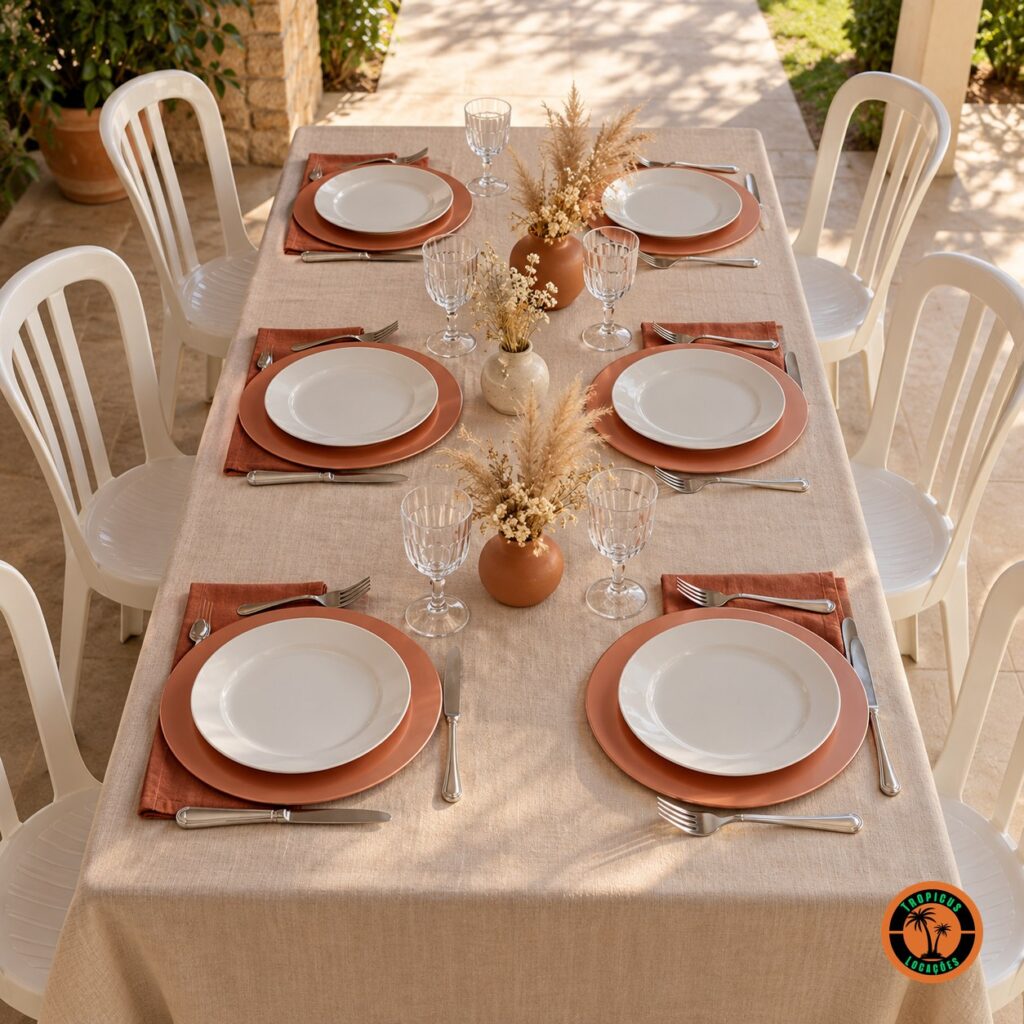 Mesa com sousplats rosê, guardanapos terracota e cadeiras plásticas brancas