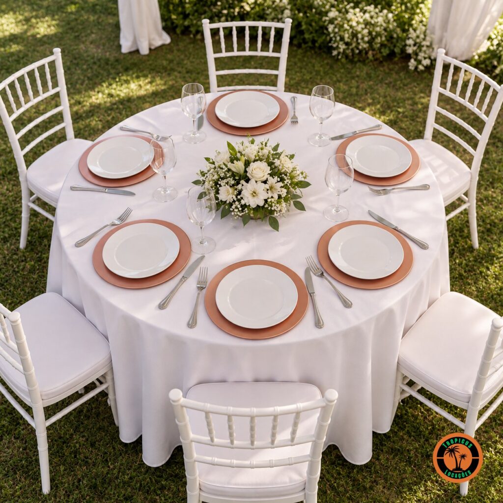 Mesa redonda de casamento com sousplats rosê e cadeiras Tiffany brancas