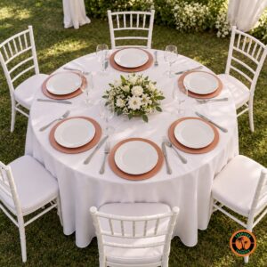 Mesa redonda de casamento com sousplats rosê e cadeiras Tiffany brancas
