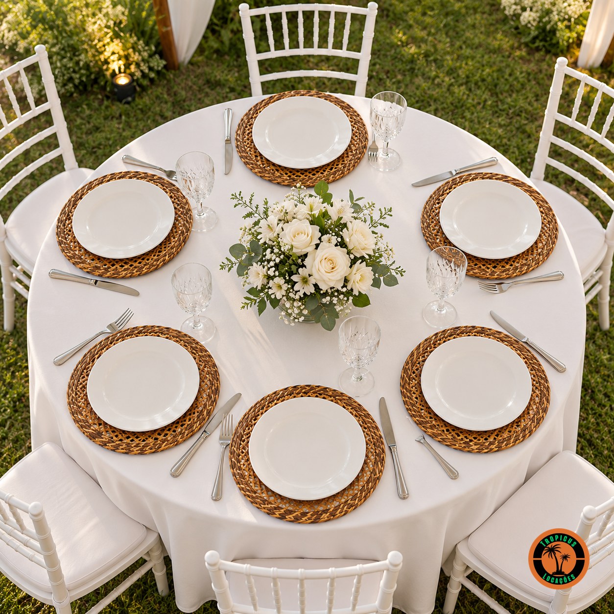 Mesa redonda de casamento com sousplats de rattan antigo e cadeiras Tiffany brancas