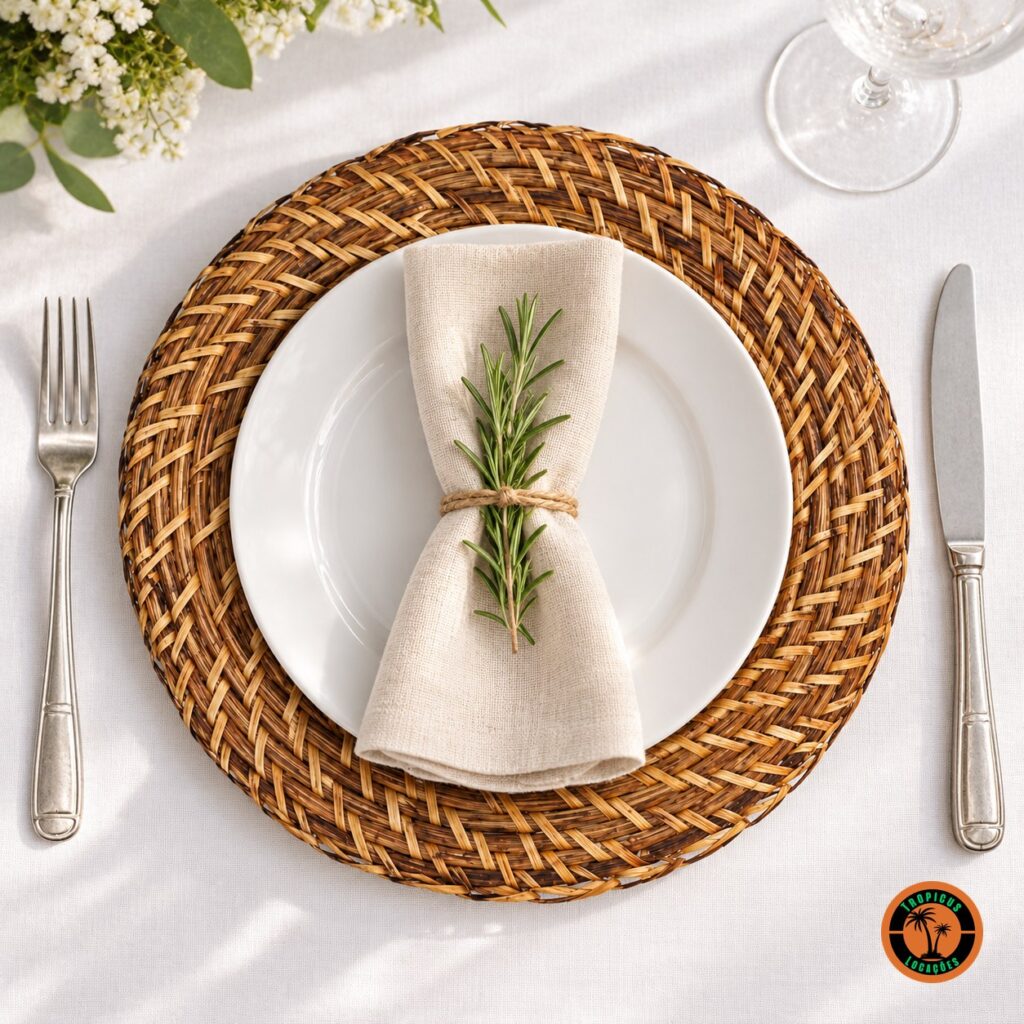 Sousplat de rattan antigo sob prato branco com guardanapo de linho e alecrim